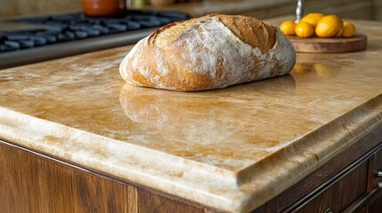 Travertin aanrechtblad in een rustieke keuken.